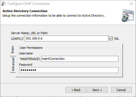 Active Directory Connection Screen